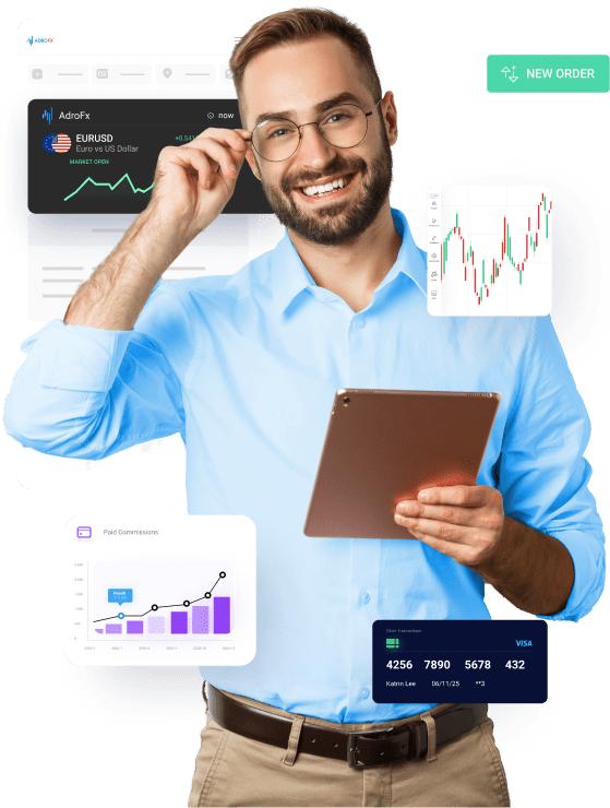 worker around him trading chart icons, commission payment, trade icon